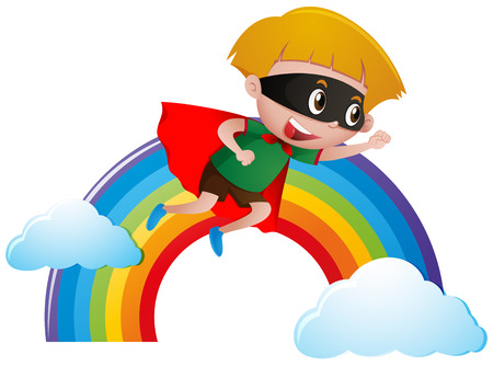 Boy dressed as hero flying over the rainbow illustrationのイラスト素材