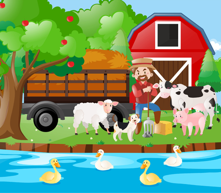 Farm scene famer and farm animals by the river illustrationのイラスト素材