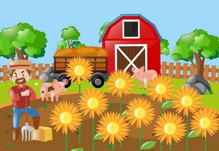 Farmer and sunflowers in the field illustrationのイラスト素材