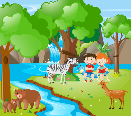 Kids and animals by the river illustrationのイラスト素材