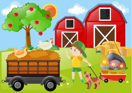 Boy and chicken in the farm illustrationのイラスト素材