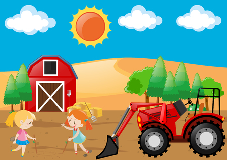Farm scene with two girls playing in field illustrationのイラスト素材