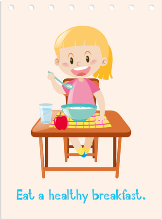 Wordcard with girl eating healthy breakfast illustrationのイラスト素材