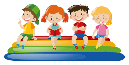 Four kids sitting on floating raft illustrationのイラスト素材