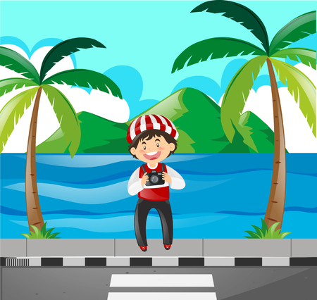 Tourist taking picture of the ocean illustrationのイラスト素材