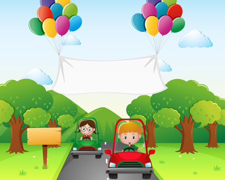 Two kids driving car in the park illustrationのイラスト素材