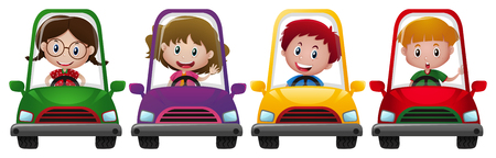 Four children riding on four different cars illustrationのイラスト素材