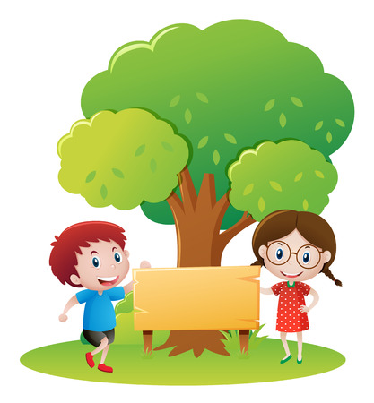 Boy and girl by the wooden sign in garden illustrationのイラスト素材