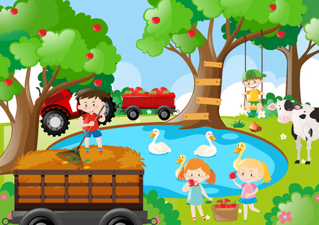 Farm scene with kids working  illustrationのイラスト素材