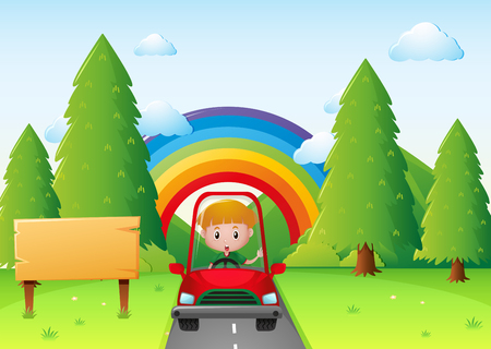 Boy driving red car in the park illustrationのイラスト素材