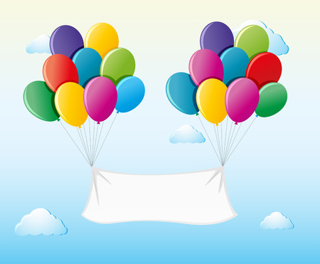 White banner attached to balloons in the sky illustrationのイラスト素材