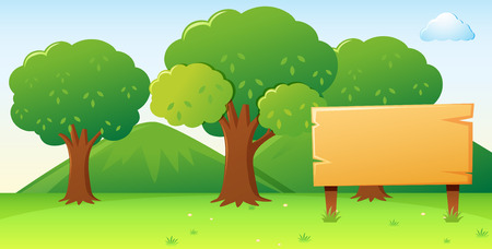 Wooden sign template with forest background illustrationのイラスト素材