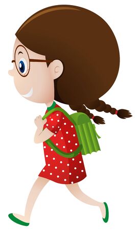 Little girl in red carrying green backpack illustrationのイラスト素材
