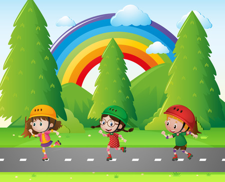 Three kids skating in the park illustrationのイラスト素材