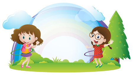 Border template with two girls in the park illustrationのイラスト素材