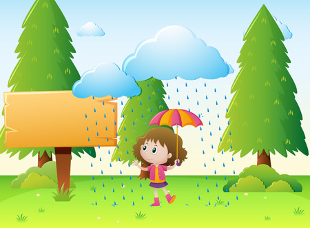 Wooden sign template with girl in the rain illustrationのイラスト素材