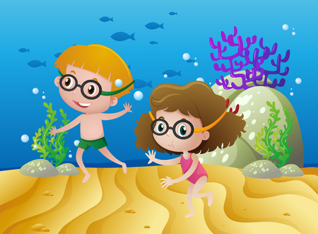 Two kids diving under the sea illustrationのイラスト素材