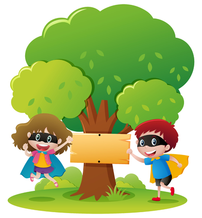 Sign template with two kids playing hero illustrationのイラスト素材