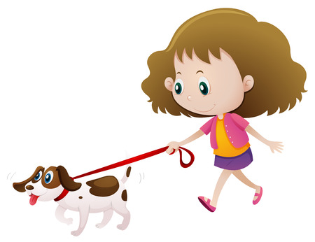 Girl walking dog alone illustrationのイラスト素材