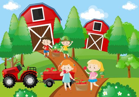 Children pick up fruit in the farm illustrationのイラスト素材