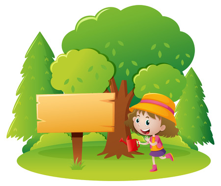 Sign template with girl in garden illustrationのイラスト素材