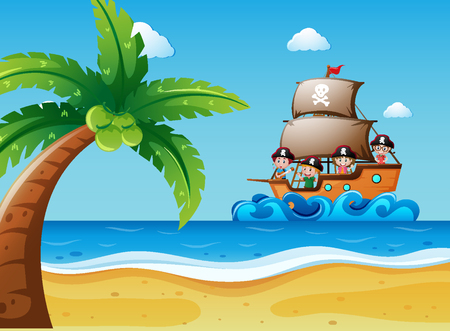 Scene with kids on the sailboat illustrationのイラスト素材