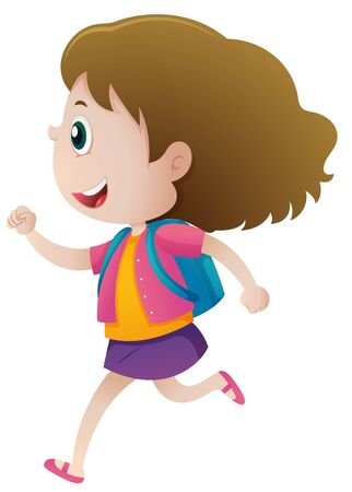 Little girl with blue backpack running illustrationのイラスト素材
