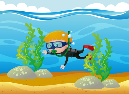 Boy scuba diving under the ocean illustrationのイラスト素材