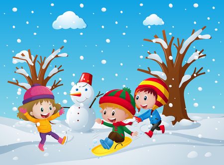 Three kids playing in the snow illustrationのイラスト素材
