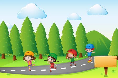 Scene with kids skating on the road illustrationのイラスト素材