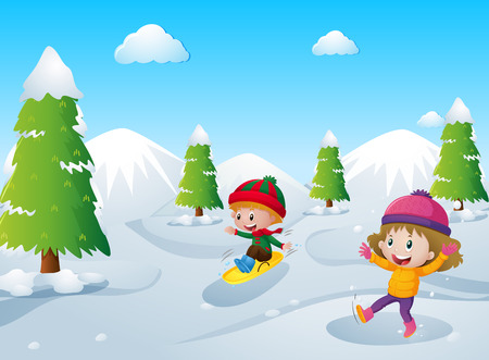 Two kids playing with snow illustrationのイラスト素材