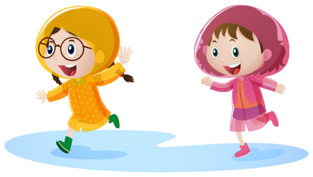 Two girls in raincoat running illustrationのイラスト素材
