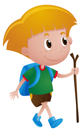 Boy with backpack and walking stick illustrationのイラスト素材