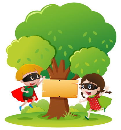 Sign template with two kids in hero outfit illustrationのイラスト素材