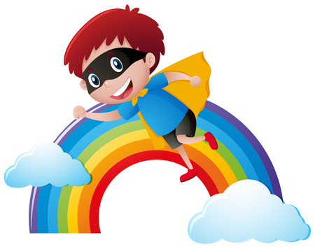 Boy in hero outfit flying over the rainbow illustrationのイラスト素材