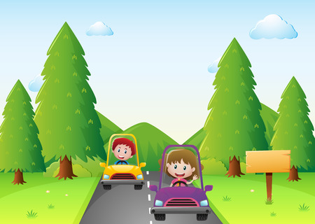Kids driving car in the park illustrationのイラスト素材