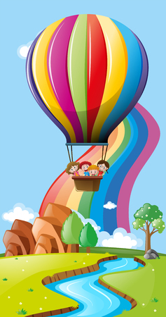 Scene with kids in hot air balloons illustrationのイラスト素材