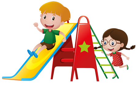 Boy and girl playing on slide illustrationのイラスト素材