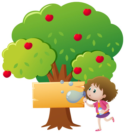 Sign template with apple tree and girl blowing bubbles illustrationのイラスト素材