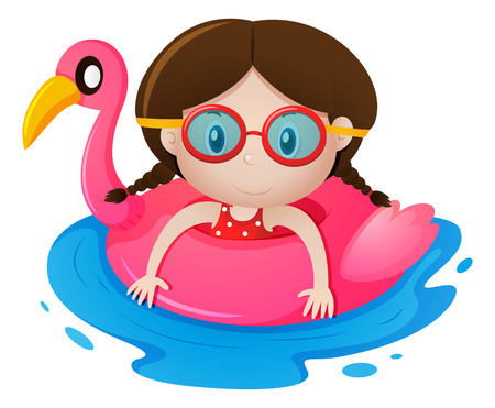 Girl in rubber float shaped like flamingo illustrationのイラスト素材
