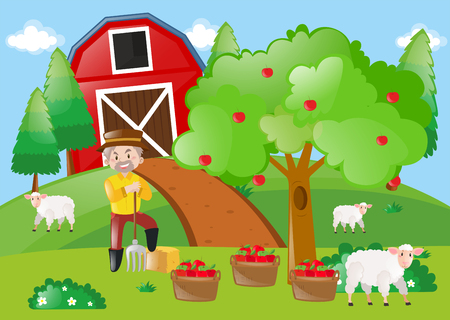 Farmer standing by the apple tree in the farm illustrationのイラスト素材