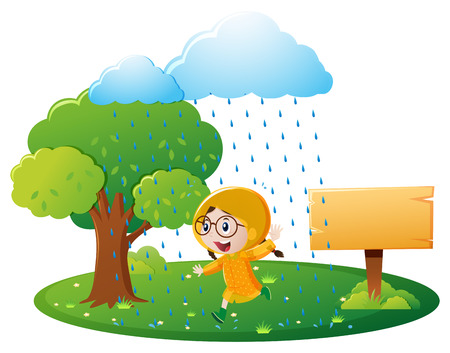 Sign template with girl in yellow raincoat illustrationのイラスト素材