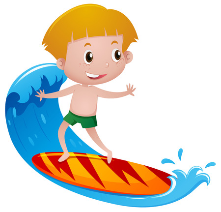 Boy on surfboard playing on the big wave illustrationのイラスト素材