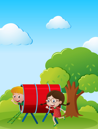 Two kids playing in the park illustrationのイラスト素材
