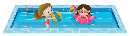 Two girls playing in the swimming pool illustrationのイラスト素材