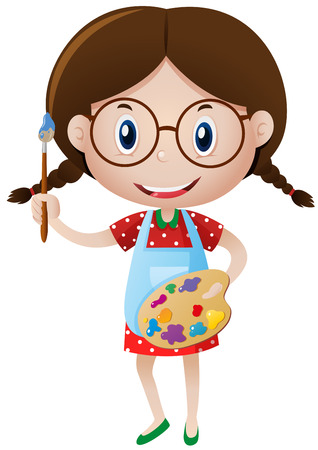 Happy girl with paintbrush and palette illustrationのイラスト素材