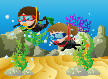 Scene with two girls diving under the sea illustrationのイラスト素材