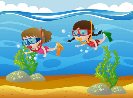 Two kids diving under the ocean illustrationのイラスト素材