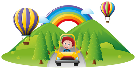 Boy driving yellow car in the park illustrationのイラスト素材