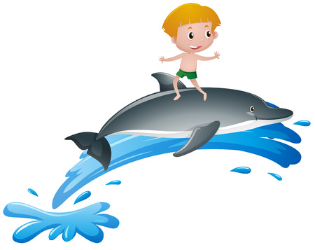 Boy standing on dolphin back illustrationのイラスト素材